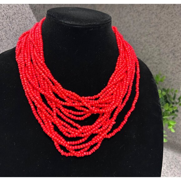 Small Red Beaded Bead 16 Strand Multi-Strand Necklace Wooden Clasp Statement - Picture 1 of 3